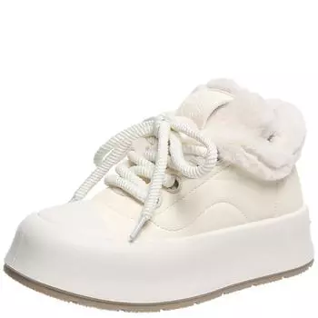 модные модные кроссовки с толстой подошвой и утолщением из бархата для женщин, зимние новые белые меховые кружевные повседневные зимние ботинки 35 бежевый