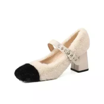Модные модные меховые туфли Мэри Джейн для женщин 2025 года, зимние милые теплые туфли на высоком каблуке с квадратным каблуком и пряжкой на ремне, женские туфли-лодочки Zapatos De Mujer 35