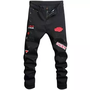 Модные модные мужские узкие джинсы высокого класса, брендовые деловые повседневные эластичные прямые джинсовые брюки, мужские брюки с вышивкой и принтом 28