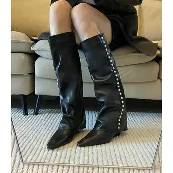 Модные модные сапоги-брюки для женщин, крутые сапоги до колена, жемчужные украшения, сапоги на молнии, покатый каблук, квадратная женская обувь 35 белый