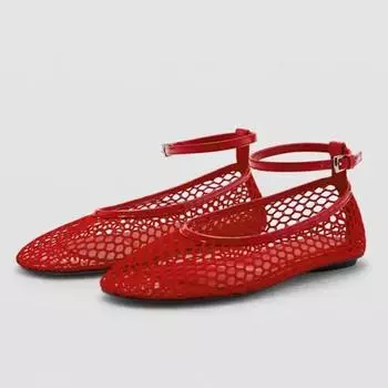 Модные модные сетчатые дышащие женские балетки с полым дизайном, сексуальные балетки с пряжкой и Т-образным ремешком, нескользящая мягкая подошва, удобная обувь для женщин 35 красный
