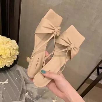 Модные модные туфли с бантом на тонком ремешке, квадратный носок, средний каблук, летние туфли для женщин, элегантные слипоны, босоножки женские 35 бежевый
