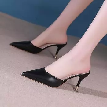 Модные модные женские тапочки на тонком каблуке, новинка 2024 года, горячая распродажа, летние женские туфли на высоком каблуке, женские тапочки Baotou Rubber Pu 35 чёрный
