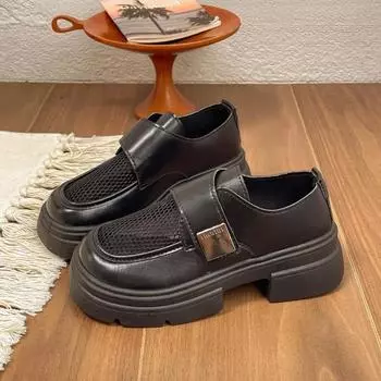 Модные мокасины 2024 года, новые популярные сетчатые дышащие женские туфли, толстая подошва, увеличенный размер, британский стиль, маленькие кожаные туфли для женщин 35 бежевый