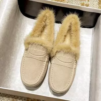 Модные мокасины из натурального меха норки, женские туфли на плоской подошве из натуральной кожи 2024 года, женская обувь для ходьбы из свиной кожи, зимние теплые плюшевые мокасины, сапоги из хлопкового меха 5 чёрный