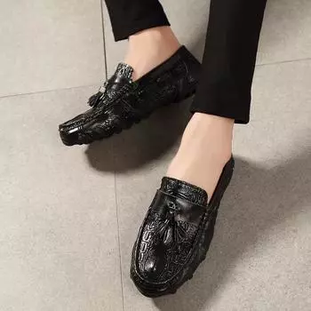 Модные мокасины мужские туфли для вождения на плоской подошве мужские деловые туфли из натуральной кожи с узором под крокодила удобные повседневные туфли без застежек для мужчин 38 чёрный