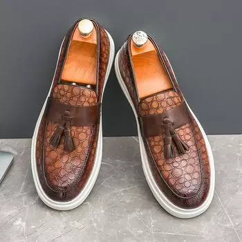 Модные мокасины мужские туфли из искусственной кожи с тиснением и кисточками, модная стильная обувь, деловая повседневная мужская обувь, большой размер 38-46 38 коричневый