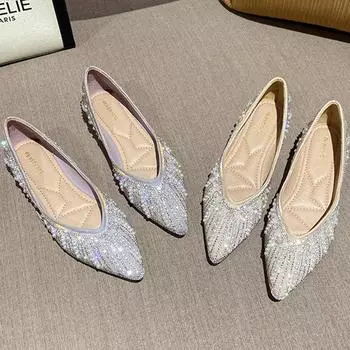 модные мокасины с нитками и бусинами женские балетки неглубокие лоферы с заостренным носком кроссовки женские туфли жемчужные стразы плоские женские 2024 34 бежевый