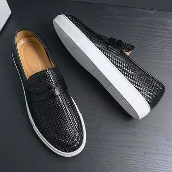 Модные мокасины Slip On, мужская обувь, мягкая повседневная кожаная обувь, мужские кроссовки, обувь с узором для вечеринок и плетением для мужчин, плоская подошва, бесплатно 39 коричневый