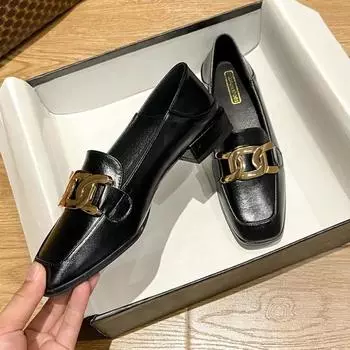 Модные мокасины женские кожаные туфли 2024 года новые туфли на плоской подошве женские туфли большого размера туфли-лодочки с квадратным носком квадратный каблук низкий (1 см-3 см) 34 коричневый