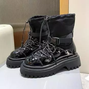 Модные мотоциклетные ботинки женские зимние на шнуровке с пряжкой дизайнерские ботинки для женщин толстые лакированные кожаные ковбойские ботильоны 35