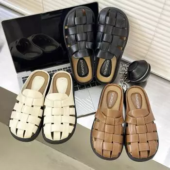 Модные мягкие кожаные полутапочки женские летние 2024 новые дизайнерские винтажные тканые полые толстые подошвы Mueller обувь для женщин 35