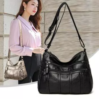 Модные мягкие кожаные сумки через плечо для женщин, повседневные женские сумки-мессенджеры с несколькими карманами, ретро сумки, женские сумки на плечо 26 x 19 x 11cm темно-серого