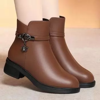 Модные мягкие кожаные туфли для мам 2024 года, весна-зима с/без плюша, теплые женские зимние сапоги, мягкая подошва, средний каблук, короткие сапоги, черные, размер 35-41 35 чёрный