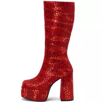 Модные мягкие сапоги до колена из флока, женские сапоги на платформе, сексуальные, на блочном каблуке, длинные сапоги, красные, леопардовые, осенне-зимние, женские туфли, большой размер 45 50 34 бежевый