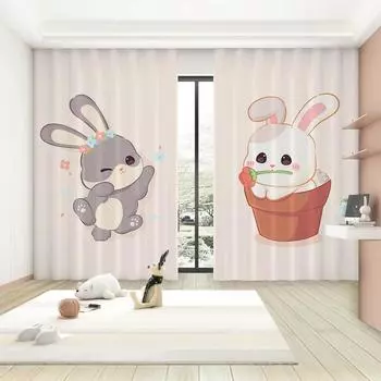 Модные мультяшные милые шторы с высокой затемняющей шторой, розовые зайчики для девочек, принцессы, для спальни, гостиной, занавески для окон, 2 шт. W55 X H120cm X 2&HOOK