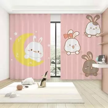 Модные мультяшные милые шторы-занавески с розовым кроликом, воздушным шаром, луной, для девочек, принцесс, спальни, гостиной, шторы с высоким затемнением W55 X H120cm X 2&HOOK