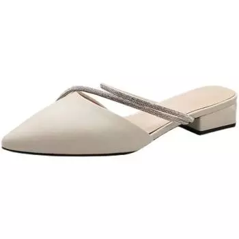 Модные мюли Женские тапочки и женские сандалии Rhenstone Кожа Острый носок Кристаллы Драгоценности Плоские Туфли для работы на улице Молочно-белые шлепанцы 35 бежевый