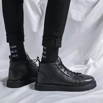Модные мужские ботильоны, черные, мягкие кожаные туфли, осень-зима, удобные повседневные туфли на платформе, высокие, 2024, модные кожаные ботинки 38 чёрный