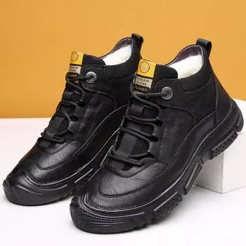 Модные мужские ботильоны в британском стиле, плюшевые, теплые, высокие, повседневные, кожаные туфли для мужчин, зимняя обувь для работы, уличные мужские ботильоны 6.5 чёрный