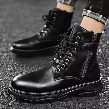 Модные мужские ботинки 1s, панк-ретро-ботинки, повседневные кожаные мужские ботинки, винтажные мужские ботинки на шнуровке, ботинок на молнии сбоку, мотоциклетные ботинки 39 чёрный