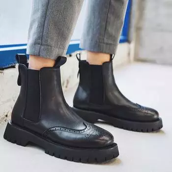 Модные мужские ботинки челси для сцены, ночного клуба, резные броги, ковбойские оригинальные кожаные ботинки, стильные осенне-зимние ботинки на платформе 240 чёрный