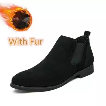 Модные мужские ботинки челси, зимние замшевые туфли, повседневные кожаные ботинки, мужская обувь, теплые плюшевые меховые ботинки без застежек для мужчин 41