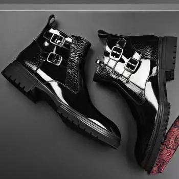 Модные мужские ботинки из лакированной кожи с высоким верхом, британские мотоциклетные ботинки средней высоты, универсальные мужские кожаные ботинки Botas Hombre 38 чёрный