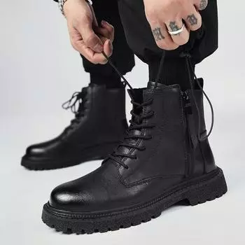 Модные мужские ботинки на щиколотку 2024 года, осенне-зимние, эластичные, высокие, мужские, в стиле панк, повседневные, на шнуровке, ботинки унисекс для мотоциклистов 38 чёрный
