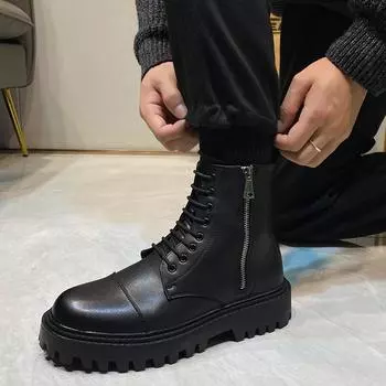 Модные мужские ботинки с толстой подошвой, кожаные ботинки класса люкс с боковой молнией, модные высокие мотоциклетные ботинки для мужчин, рабочие ботинки, повседневные ботинки 38