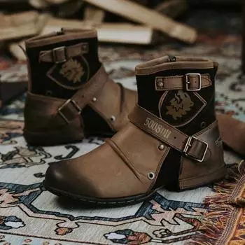 Модные мужские ботинки, винтажные кожаные мужские ботинки для мотоциклистов, зимняя мужская обувь в стиле ретро для верховой езды 2024 года, теплые мужские туфли с молниями из металла 39 коричневый