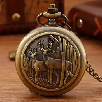Модные мужские бронзовые карманные часы в стиле ретро, классические винтажные кварцевые карманные часы с подвеской в виде оленя в глубоком лесу, идеальный выбор для подарков мужчинам и женщинам