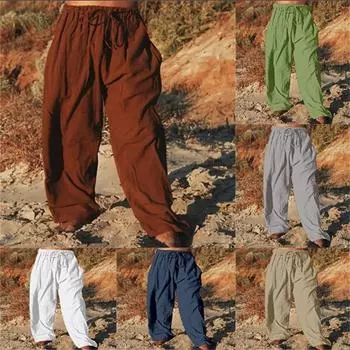 Модные мужские брюки из хлопка и льна, свободные повседневные однотонные прямые брюки со шнурком для улицы S белый