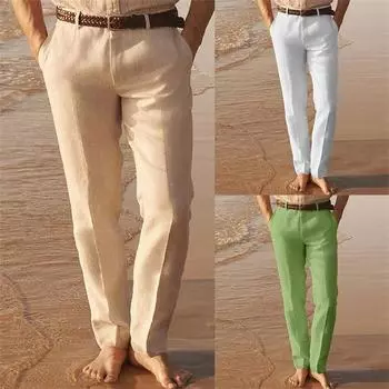 Модные мужские брюки из льна с прорезными карманами, однотонные, удобные, дышащие, повседневные брюки для активного отдыха S белый