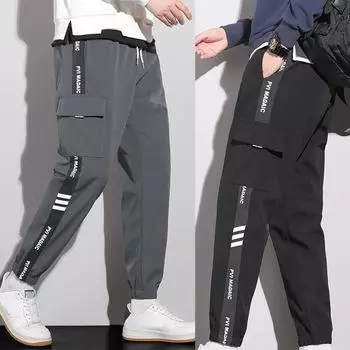 Модные мужские брюки-карго с несколькими карманами и буквенным принтом, повседневные брюки, уличная одежда, брюки-шаровары в стиле хип-хоп, брюки, одежда M чёрный