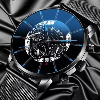 Модные мужские часы, черный ремешок из нержавеющей стали, мужские кварцевые наручные часы, роскошные мужские аналоговые часы с круглым циферблатом, мужской подарок чёрный/серебряный