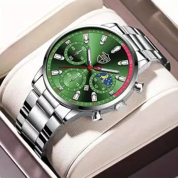 Модные мужские часы из нержавеющей стали, роскошные мужские спортивные кварцевые наручные часы с календарем, светящиеся часы, мужские деловые повседневные часы зеленый цвет-серебро