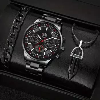 Модные мужские часы-календарь для деловых людей, часы из сатинированной стали, мужские кварцевые наручные часы, браслет, ожерелье, набор, мужские часы с датой чёрный