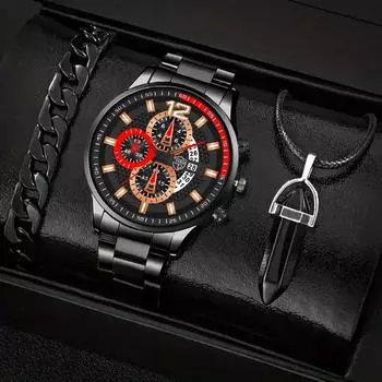 Модные мужские часы-календарь, мужские часы из нержавеющей стали, деловые кварцевые наручные часы, браслет, ожерелье, набор красный