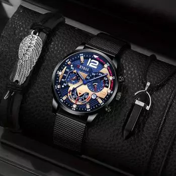 Модные мужские часы-календарь, мужские наручные часы с сетчатым ремешком из нержавеющей стали, мужские деловые кварцевые часы, браслет, ожерелье, набор мужских часов с датой серебряный