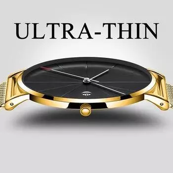 Модные мужские часы Роскошные деловые мужские часы Мужские спортивные повседневные кварцевые наручные часы Сетчатый ремешок из нержавеющей стали Ультра тонкий циферблат Часы с датой чёрный/серебряный