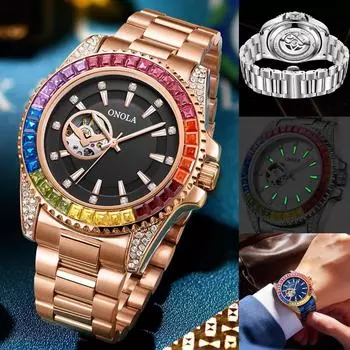 Модные мужские часы с цветным бриллиантом, водонепроницаемые, с полым маховиком, из нержавеющей стали, автоматические механические часы для мужчин белый