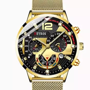 Модные мужские часы с календарем, лучший бренд, роскошные модные деловые золотые кварцевые часы с сетчатым ремешком из нержавеющей стали серебряный/чёрный