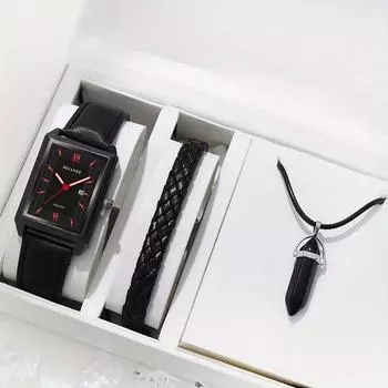 Модные мужские часы с календарем, мужские аналоговые часы из искусственной кожи, повседневные мужские кварцевые наручные часы, браслет, ожерелье, набор, часы с датой синий