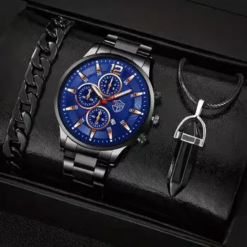 Модные мужские часы с календарем, мужские кварцевые наручные часы с ремешком из нержавеющей стали, мужские повседневные кварцевые часы, браслет, комплект ожерелья ярко-розовый