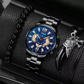 Модные мужские часы с календарем, повседневные мужские часы из нержавеющей стали, мужские кварцевые наручные часы, браслет, ожерелье, набор, мужские часы с датой чёрный