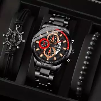 Модные мужские часы с календарем, повседневные мужские часы из нержавеющей стали, мужские кварцевые наручные часы, браслеты, набор, мужские часы с датой золотой