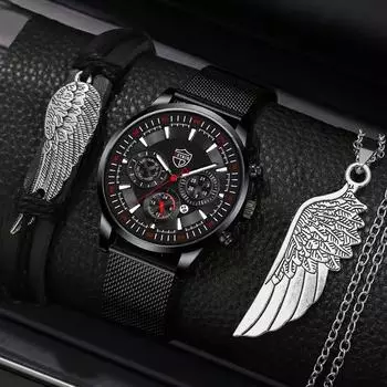 Модные мужские часы с календарем, повседневные мужские часы из нержавеющей стали с сетчатым ремешком, мужские кварцевые наручные часы, браслет и ожерелье чёрный