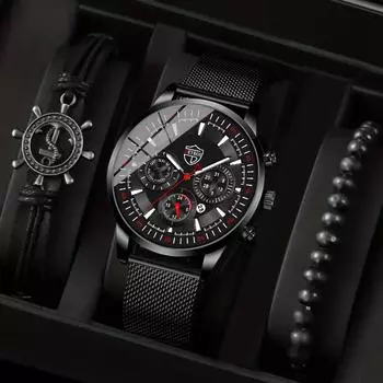 Модные мужские часы с календарем, повседневные мужские часы из нержавеющей стали с сетчатым ремешком, мужские кварцевые наручные часы, набор браслетов, мужские часы с датой чёрный