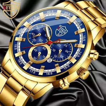 Модные мужские часы с календарем, спортивные кварцевые наручные часы из нержавеющей стали + коробка, лучшие подарки для него